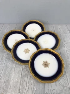 Set of 5 Guerin Limoges Cobalt & Gold Snowflake Center - Gold Rim Plates - Picture 1 of 9