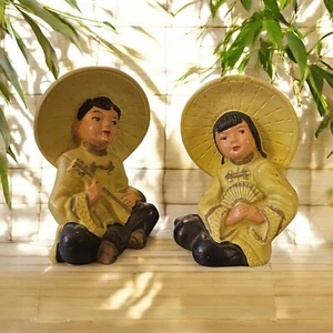 Universal Statuary Chalkware Figurines Asian Girl And Boy Dated 1952 Kitch - Picture 1 of 7