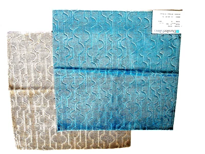 Lot 2 Velvet Geometric Fabric Designer Sample 16-17" Sq Turquoise Blue Cream Tan - Image 1 of 4