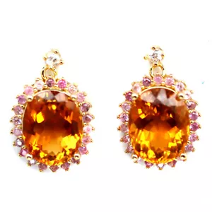 925 Sterling Silver 8 x 10 MM. Golden Yellow Citrine & Pink Sapphire Earrings - Picture 1 of 4