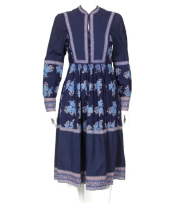 Vestido Mágico Azul Floral Indio Años 70 Estampado en Bloque Acolchado Exótico India S/M/480 Foto 1 de 4