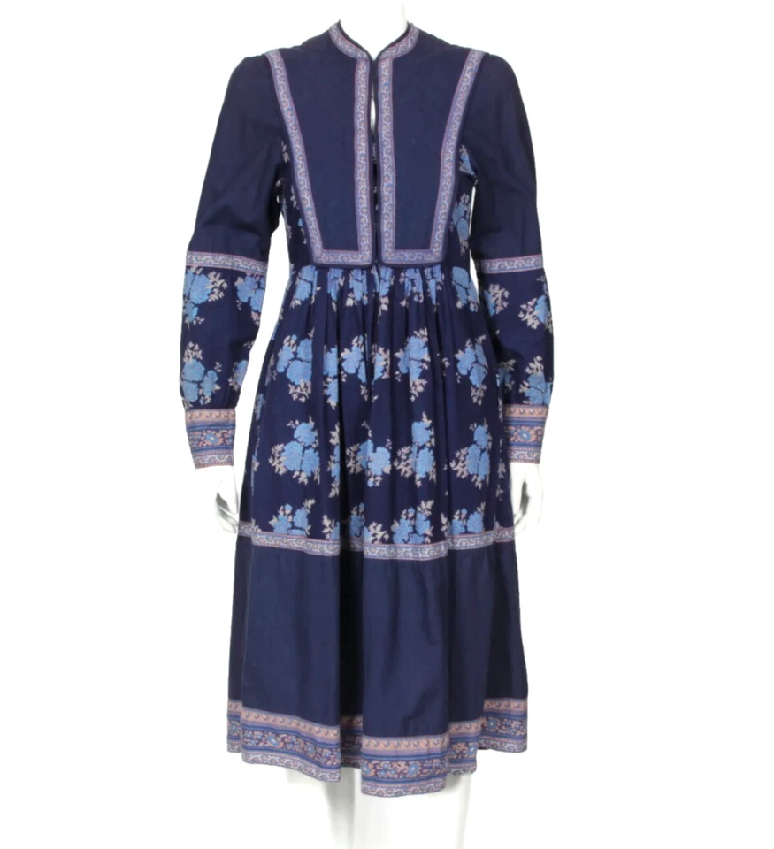 Vestido Mágico Azul Floral Indio Años 70 Estampado en Bloque Acolchado Exótico India S/M/480 Foto 1 de 4
