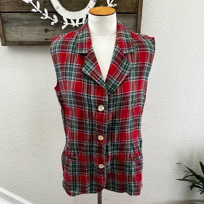 De Colección Banana Republic Lino Rojo Verde Cuadros Botón Chaleco Damas Talla 14 Foto 1 de 4