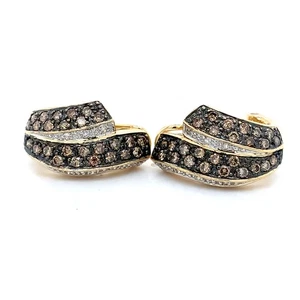 14K Yellow Gold Pave Brown & White Diamond Cluster Huggie Hoop Clip On Earrings - Picture 1 of 17