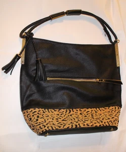 NEW SONDRA ROBERTS SQUARED Tan Leopard Black Faux Leather Vegan Classic Tote Bag - Picture 1 of 8