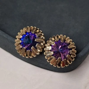 Vintage Gold Tone Round Cufflinks Faceted Purple & Blue Crystal Sunburst Setting - Picture 1 of 20