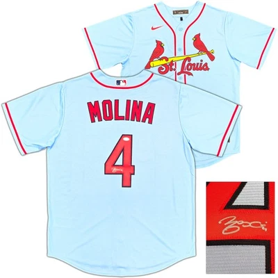 Camiseta Nike azul claro firmada por Yadier Molina de los Cardenales de San Luis talla L JSA Foto 1 de 4