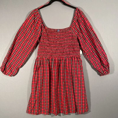 Old Navy Large Petite Smocked Babydoll Dress Long Sleeves Red Tartan Plaid NWT - Image 1 of 4