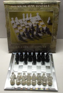 Glass Chess Set Clear & Black Chessmen 7" x 7" Mirrored Board - Picture 1 of 9