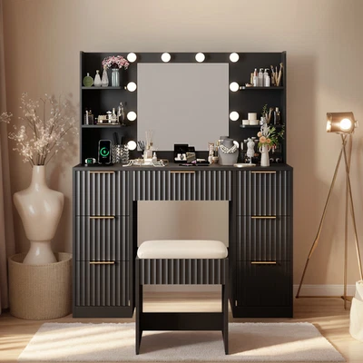 Vanity Table with Built-in 10 Lights Outlets Fluted Makeup Desk with 7 Drawers - Image 1 of 4