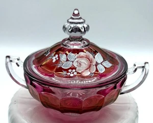 Azucarero de vidrio rojo rubí pintado a mano con tapa y asas 1977 baratija plato de joyería - Imagen 1 de 10