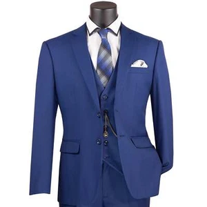 VINCI Men's Twilight Blue 3-Piece 2-Button Slim Suit w/ Matching Vest - NEW - Picture 1 of 108