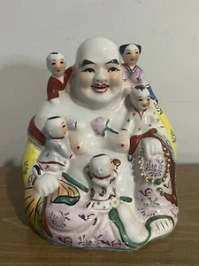 Vtg Painted Ceramic Laughing Buddha With Children Statue - Picture 1 of 7