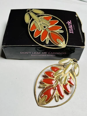 Mark by Avon 2009 Don't Leaf Me Dangle Earrings Burnished Brass Orange Enamel 3" - Image 1 of 4