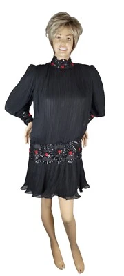 Vtg 60s Adele Simpson Drop Waist Crinkle Pleat Sequin Rose Long Sleeve Dress 10 - Image 1 of 4