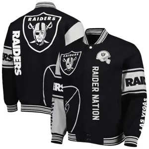 Chaqueta a presión completa de algodón de sarga de diseño Las Vegas Raiders JH negra bordada - Imagen 1 de 8
