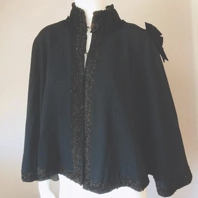 ANTIQUE Victorian Black Beaded Silk Cape c1910-1920 RP £195 - Image 1 of 4