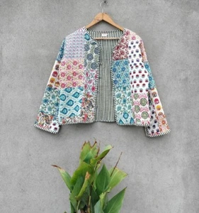 Indian Multi Patchwork Printed Cotton Quilted Jacket Unisex Party Wear jacket US - Picture 1 of 8