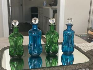 Holmegaard Kluk Kluk Pinched Blue Green  Small Decanter Bottles 6” Set Of 4
