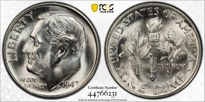 1947 S/S 10C Silver Roosevelt Dime PCGS MS 67 RPM FS-503 - Image 1 of 4