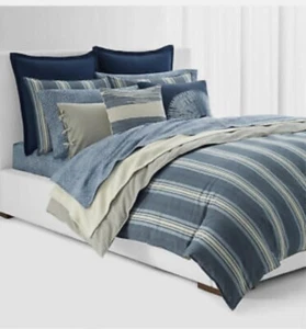 Ralph Lauren Gavin Stripe Indigo Blue 3pc King Duvet & Shams Set $470 - Picture 1 of 4