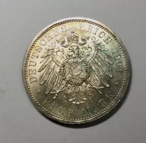 1901 A Prussia 200th Anniversary Silver 5 Marks KM#526 German States Nice Toned - Picture 1 of 4
