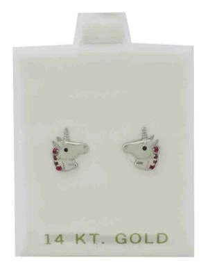 LAB CREATED RUBY UNICORN STUD EARRINGS 14K WHITE GOLD - NWT - Screw Backs - Image 1 of 3