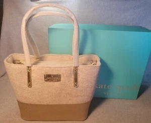 NEW IN BOX KATE SPADE SM HARMONY FROSTED FELT OATMEAL/GOLD PURSE BAG /W WRISTLET - Picture 1 of 12