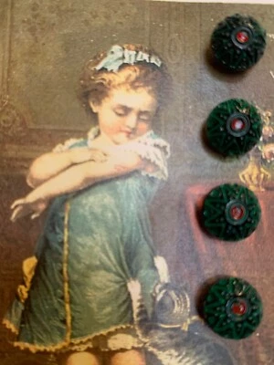 Juego de 4 ~ Botones de vidrio pintado vintage Demi 3/8” negro azul ~NOS Foto 1 de 3