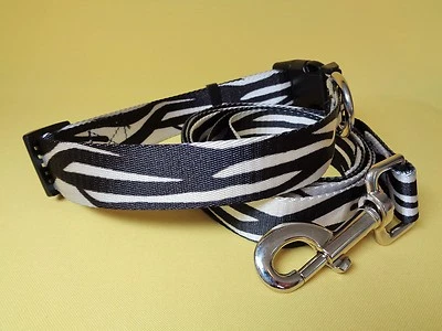 Canvas Large dog COLLAR and LEAD leash matching set big clip small black white - Image 1 of 4