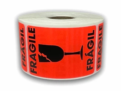 2x3-inch Broken Glass Fragile Fragil Labels Red Adhesive Bilingual 500 Stickers - Image 1 of 3