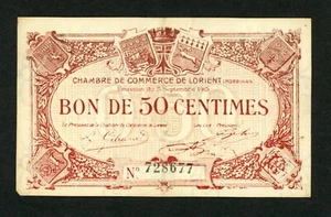 FRANCE LORIENT  ( MORBIHAN ) 50 CENTIMES 1915 CHAMBRES DE COMMERCE  XF. - Picture 1 of 2