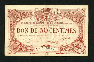 FRANCE LORIENT  ( MORBIHAN ) 50 CENTIMES 1915 CHAMBRES DE COMMERCE  XF. - Image 1 of 2