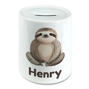 Personalised Watercolour Sloth Kids Savings Money Box Piggy Bank. Any Name - Foto 1 di 2