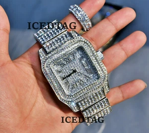 HIP HOP ICED BLING-ED OUT WH. GOLD PT LAB DIAMOND HEAVY WATCH, ROUND RING SET - Picture 1 of 4