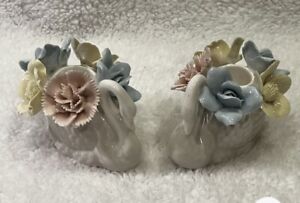 Vintage  Ardco white porcelain swan candle stick holders with pastel flowers x2