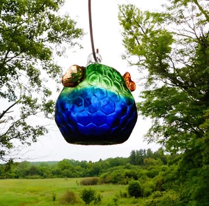 LARGE VTG BLUE TO GREEN -OMBRE HAND BLOWN GLASS HUMMINGBIRD FEEDER WITH 3 PORTS - Picture 1 of 8