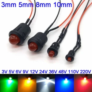 5pcs Pre-Wired LEDs 3/5/8/10mm 3V-220V Red/Blue/Green/White/Yellow With Holders - Picture 1 of 9