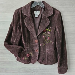 Live A Little Suede Brown Floral Velvet Blazer Boho Coastal Jacket Jr Size M - Picture 1 of 16