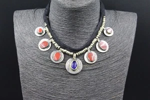 Vintage Zigeunerkette, rote Emaille Perlenkette, einzigartige Perlen Stoffkette, - Bild 1 von 10