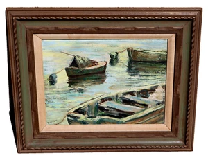 ZELLA DICKINSON California Artist Mid Century painting Rowboats in Sunny Water - Picture 1 of 6