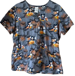 Disney Women's Halloween Mickey Mouse Bats Spiderwebs Scrub Top Scrubs XL - Picture 1 of 9