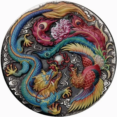 Tuvalu 2024 Rainbow DRAGON & PHOENIX Yin & Yang $5 5 Oz Silver Antique Piedfort - Image 1 of 4