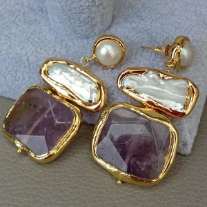 White Freshwater Biwa Pearl Amethyst Stud Earrings - Picture 1 of 10
