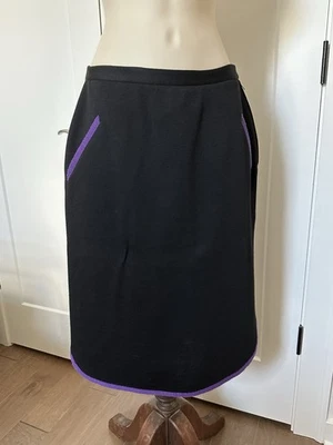 EUC VTG Sonia Rykiel Black A Line Skirt Rounded Bottom Wool Purple Trim sz S 4 - Image 1 of 4