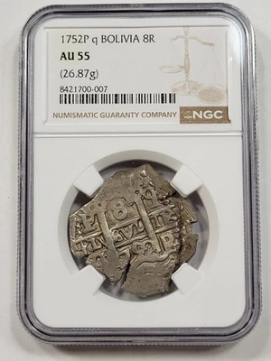 1752 Cob 8 Reales NGC AU55 Potosi Bolivia 26.87g Assayer q Nice *M32 - Image 1 of 3