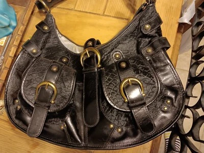 Bolso Hobo Kate Landry Cuero Esmaltado Pelo de Becerro Antiguo Latón Bolsillos Frontales Foto 1 de 4