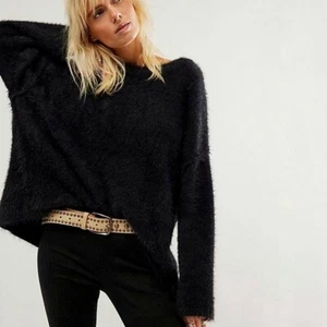 Free People Harrison Bunny Crew sweater black fuzzy knit womens size XS NEW NWOT - Picture 1 of 7