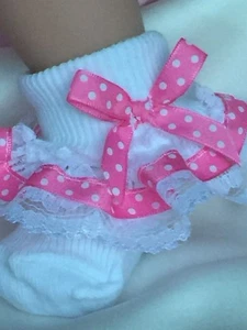 White Baby Girls Lace Frill Socks Deep Pink Ribbon Trim size 6-12 months - Picture 1 of 4