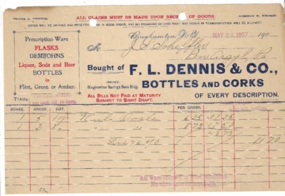 1907 Invoice, F.L. Dennis & Co., Bottles and Corks, Binghamton, New York - Image 1 of 2